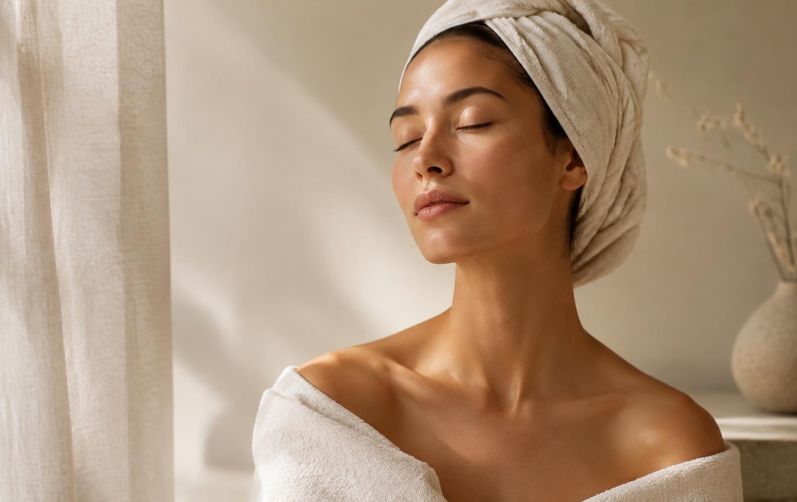 Mulher relaxando com toalha em ambiente de spa